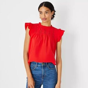 Ann Taylor Bright Red Eyelet Flutter Sleeve Top - size L